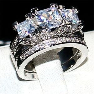 Марка драгоценный камень безымянный палец три камня Белый бриллиант кольца набор 2-в-1 925 серебро обручальное кольцо для женщин