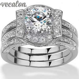 Conjunto de joias de noivado Vecalon 2 em 1 redondo com diamante de 3 quilates Cz anel de aliança de casamento para mulheres anel de festa feminino cheio de ouro branco 14KT
