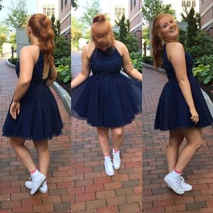 Navy Blue White Short Prom Dress Halter Sleeveless Beaded Lace Top Keyhole Back Pleated Skirt Custom Made Homecoming Party Gowns