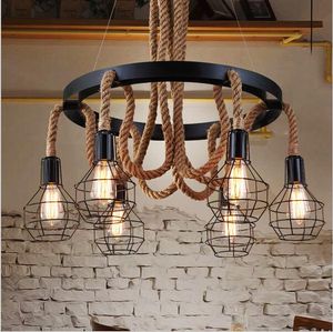 ヴィンテージLED麻ロープペンダントライトEdison Iron Pendant Lamp Industrial 6ヘッドチャンデリアライトフィクスチャレストランのリビングコーヒー