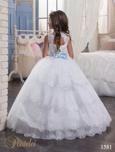 Kids Wedding Dresses 2021 with Tiered Skirt and Beaded Belt Appliques Tulle Ball Gown Flower Girls Gowns for Little Girls