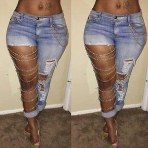 Partihandel-2017 Nya Mode Kvinnor Sexiga Förstörda Ripped Distressed Chain Denim Byxor Pojkvän Jeans För Kvinnor Hål Jeans