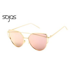 Venta al por mayor-SOJOS Recubrimiento Espejo Gafas de sol Mujer / Hombre Gafas de sol de ojo de gato Moda Nuevo Twin-Beams Gafas de sol de color rosa oculos de sol 1001