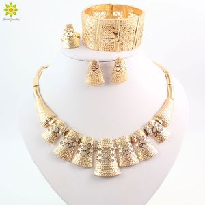 Conjuntos de joias banhadas a ouro para mulheres, colar, brincos, pulseira, anéis, miçangas africanas finas, acessórios para festa de casamento