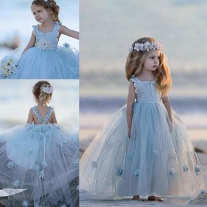 Açık Mavi Kare Boyun Çizgisi Bebek Kız Pageant Elbiseler El Yapımı Çiçekler Tül Balo Çiçek Kız Elbise Çocuk Communion Abiye