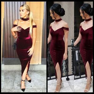 2017 Burgundy Off Shoulder Cocktail Dresses Sexy Side Split Necklace Tea Length Prom Dress Cheap Fast Shipping Arabic Women Gown