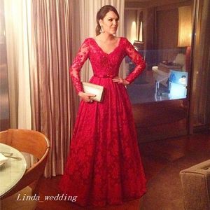 2019 Röd Långärmad kvällsklänning Elegant Lace Prom Klänning Formell Event Gown Plus Size Robe de Soire Vestido de Festa Longo
