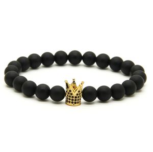 Partihandel 10st / Lot High Grade Smycken Micro Inlay Black CZ Pärlor Crown Mens Armband med 8mm Matt Agate Stone