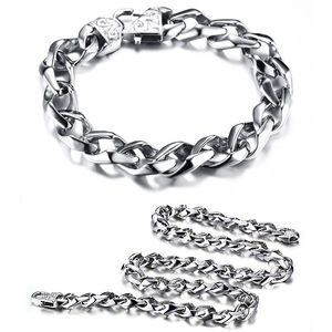2016 Ny överdrivna rostfritt stål Högpolerade Twisted Chains Halsband Armband 2PCS Smycken Set Män Punk Bangle Fashion Joyas