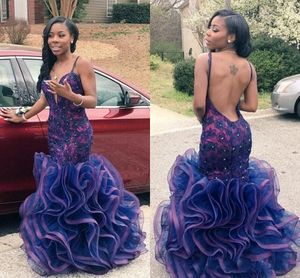 Mermaid Backless Aftonklänningar Sexig Spaghetti Beaded Mermaid Dubai Arabic 2k16 Prom Klänningar Ruffles Pärlor Appliques Celebrity Pageant Gown