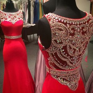 Stunning Elegant Crystals Evening Dresses Bateau Neck Colorful Stones Red Mermaid Prom Gowns Custom Made Pageant Wear Illusion Back