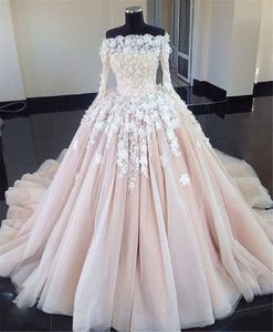 Off the Shoulder Nude/Pink Color Ball Gowns Long Sleeves Wedding Dress 3D Flowers Applique Bridal Gowns vestidos de novia