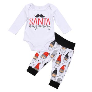 幼児の服の赤ちゃん男の子女の子のクリスマス服セットサンタクロースプリントロンパーストップス+ロングパンツ2個秋の服装セット最高品質