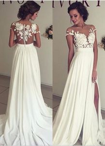Gorgeous Wedding Dresses Cap Sleeves 3D Appliques Sheer Neck Sexy Wedding Gowns Leg Slits Chiffon Back Covered Button Vintage Bridal Dress