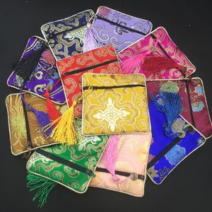 High Quality Small Tassel Zip Purse Gift Packaging Bags Silk Satin Jewelry Bracelet Bangle Storage Pouch Chinese Coin Wallet 10pcs/lot