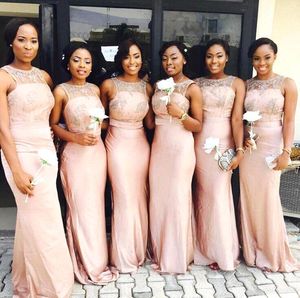 South Africa Satin Mermaid Long Bridesmaid Dresses Sheer Lace Top Ruffles Party Wedding Dresses BA2355