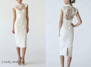 Kostenloser Versand Weiße Spitze Knielanges Hochzeitskleid Hochzeit Mantel Spalte Stehkragen Bleistiftkleid Brautkleider