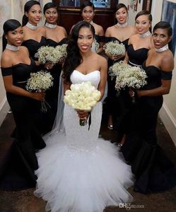 シックな黒人マーメイドの花嫁介添人ドレス安い肩アフリカのイブニングドレス2018フィッシュテールベルトサッシウエディングのドレス納屋パーティーガウン
