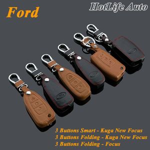 Äkta läderbil nyckelfall Smart Key Fob Cover Keychain Passar för Ford Kuga Focus Ny Focus Folding Car Key Rings Nyckelring