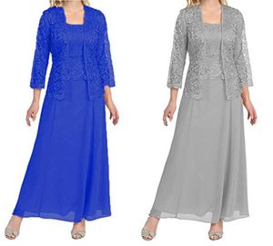 Online tre bitar Mor till bruden Klänningar med jacka Chiffon Full Lace Applique Plus Storlek Mor av brudklänningen Formella klänningar