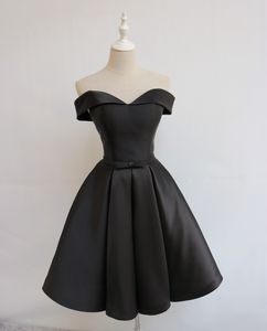 Sexy Black Party Dresses Off Shoulder Satin Knee Length Prom Gowns Lace-up/Zipper Back Cocktail Dresses Real Pictures
