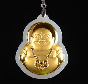 Guld inlaid med jade, lång livslås - skrattar Buddha (Maitreya). Talisman, halsband hänge.
