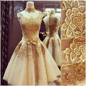 New Vintage Gold Lace Short Prom Dresses Vintage High Neck Women Sheer Neck Back Evening Gowns Graduation Party Dress Tulle Applique