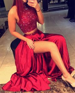 Halter Neckline Heavy Beading Top Two Pieces Wine Red Prom Dresses Front Slit Elastic Satin Evening Dress