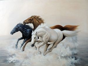 Leinwand Ölgemälde Pferde Gerahmt großhandel-Gerahmte Wildpferde Mustangs die weiße schwarze Kastanie laufen lassen handgemaltes modernes abstraktes Tierwand Kunst Ölgemälde auf Segeltuch multi Größen Jn83