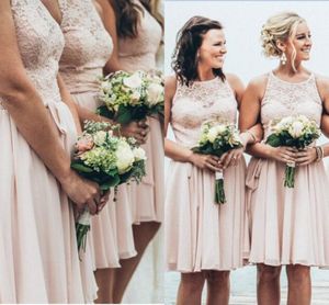 New Cheap Short Country Baby Pink Bridesmaid Dresses For Weddings Chiffon Illusion Lace Appliques Knee Length Sashes Maid of Honor Gown