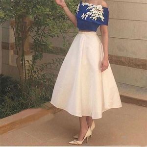 Tee Länge Applikationen Schulterfrei Zwei Stücke Elegantes Abendkleid Blau und Elfenbein Partykleid in Saudi-Arabien Stil vestido para formatura