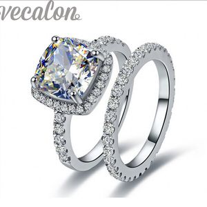 Vecalon 2016 moda mulheres casamento banda anel conjunto de almofada corte 3ct simulado diamante cz 10kt ouro branco feminino anel feminino