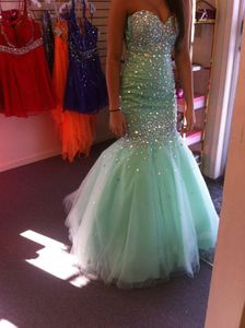Bling Mermaid Mintグリーンイブニングドレス2016新しい安い恋人クリスタルビーズチュールロングスイープ列車フォーマル2K16ウエディングドレスパーティーガウン