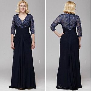 Sexy V-neck A-line Lace and Chiffon Mother of the Bride Dress 3/4 Sleeve Floor Length Evening Party Dress