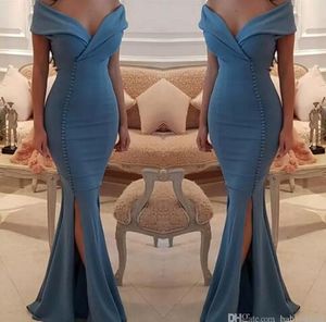 Elegante Elegante Vestidos De Noite venda por atacado-Chique Botões Split Oceano Azul Prom Vestidos Nova Chegada Elegante Off Ombres V Neck Sereia Partido Desgaste Vestidos de Noite de Celebridade