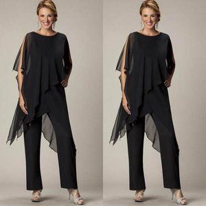 2019 Newest Mother of the Bride Pant Sutis Black Chiffon Bateau Neck Asymmetrical Wrap Style Modest Mother's Suit for Weddings Custom Made