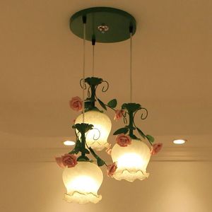 Country Rustic Dining Room Ceiling Pendant Lamp Pink Ceramic Rose Green Metal Leaf White Glass Lampshade Bar Counter Pendant Lamp