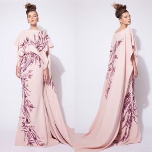 Sexy Eastern Azzi Osta Mermaid Evening Dresses With Cap Pink 2018 Crystal Sequins Prom Gowns Long Formal Dress Evening Wear