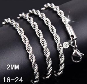 925 Sterling Silver Halsbandkedjor 2mm 16-30 tum Ganska söt Fashion Charm Rope Chain Halsbandsmycken Hög kvalitet