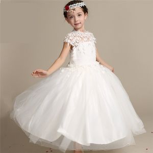 2016 Nova Flor Menina Vestido de Organza Branco Princesa Nobre Elegância de Casamento Lace Off Shoulder Para Festa de Aniversário de Casamento de Natal