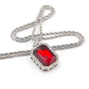 Hip Hop Men Silver Plated Box Chain 24inch 4.5*2.5cm Blue White Green Black Red Ruby Necklace Pendant