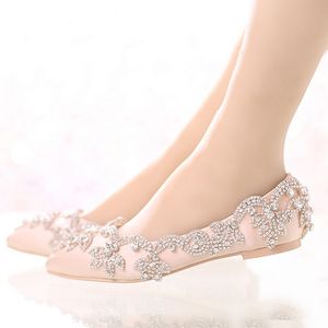 Champagne Satin Bridal Wedding Dress Shoes Flat Heel Pointed Toe Formal Dress Shoes Lady Party Prom Dancing Shoes Rhinestone