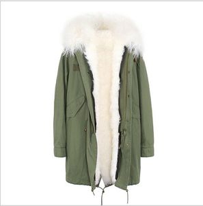 Moda Mongolia Owce Futro Wykończenia Jazzevar Brand White Lamb Futro Liner Army Green Canvas Długie Kurtki Śnieżne Zimowe Parka z Zamek błyskawicznym YKK