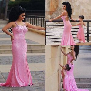 Elegant Evening with Pink Crystal Beaded Prom Dresses Open Back Mermaid Custom Made Spaghetti Formal Party Gowns 2017 New Arrival