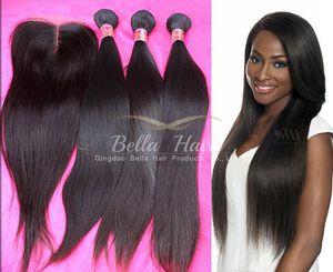 100% Human Hair Wefts with Closure Mongolian straight Hair Extensions 3pieces with one lace closure middle part 4pcs/lot Natural Color