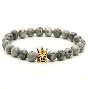 Atacado 10 pçs / lote Jóias de Alta Qualidade 8mm Cinza Jasper Pedra Imagem com Micro Inlay Preto CZ Beads Crown Mens Pulseiras