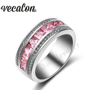 Vecalon novo rosa safira simulou diamante cz anel de banda de casamento para mulheres 10kt ouro branco enchido banda de noivado feminino sz 5-11