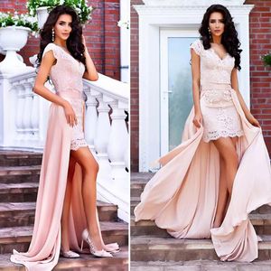 Arabic 2017 Blush Pink Lace Short Sheath Evening Dresses With Chiffon Detachable Train Short Sleeve High Low Formal Evening Gowns EN10137