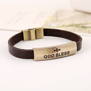 Deus abençoe sinal pulseira de couro jesus pulseiras charme pulseiras pulseira de couro cruz fecho liga de metal jóias vintage dhl