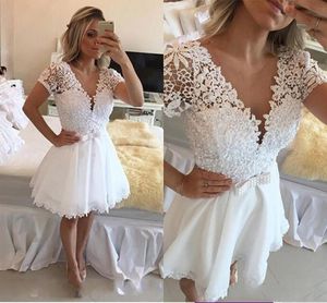 Applique White Homecoming Lace V neck Sleeves Beaded Short Tail Gowns Knee length with Sashes Custom Made Prom Dresses